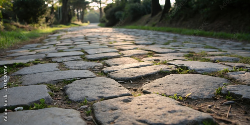 Poster a perspective shot of a cobblestone path leading into a forest, with a sunlit background