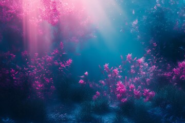 Fototapeta premium Enchanted Pink Flowers Blue Forest Dreamy Fantasy Background art rays dark scene light