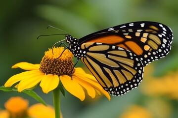 Fototapeta premium Colorful Monarch Butterfly Feeding on Vibrant Yellow Flower