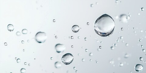 Floating water droplets on a soft white background