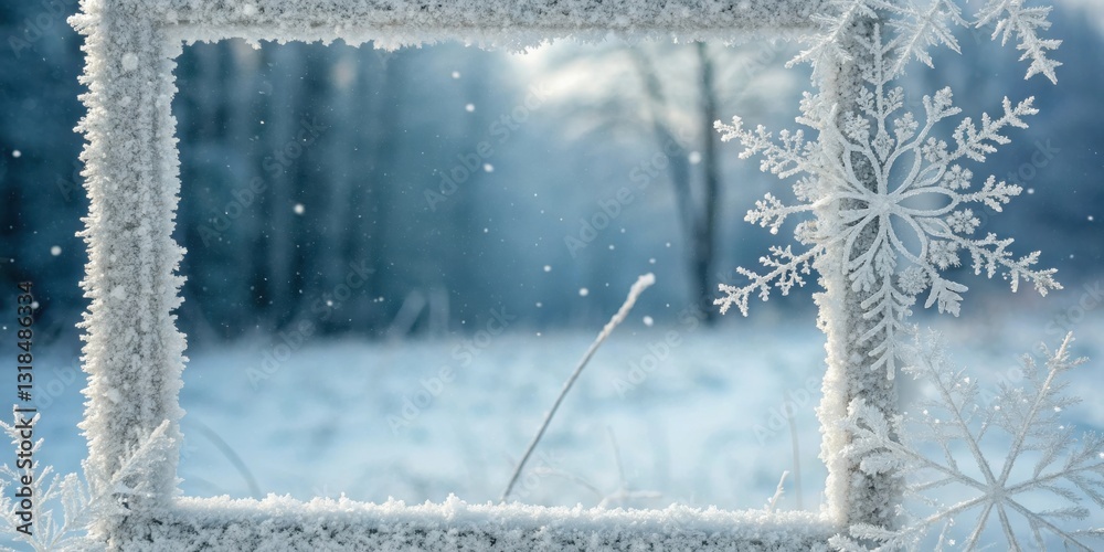 Aufkleber Frosted Frame of Nature  A delicate snowflake pattern adorns a snow-covered branch, offering a glimpse of the wintry landscape beyond.