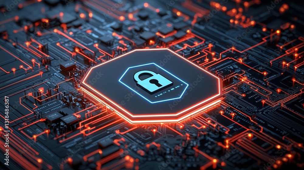 Poster futuristic circuit board design showcasing advanced digital security concepts including encryption d