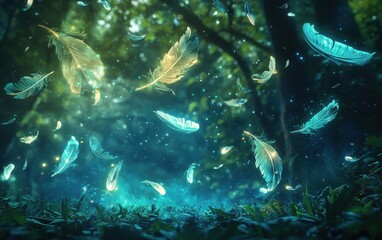 Fototapeta premium Floating magical glowing feathers on an enchanted forest background