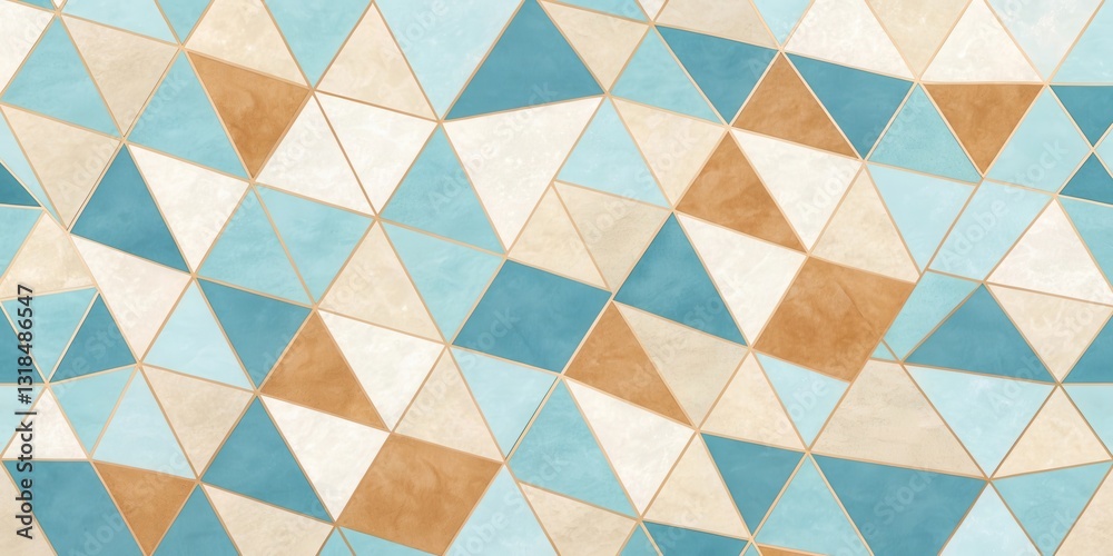 Poster abstract geometric pattern with intersecting triangles in blue, brown, and white tones with gold acc