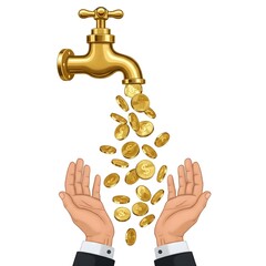 A golden faucet pours gold coins into waiting hands, symbolizing wealth and abundance.