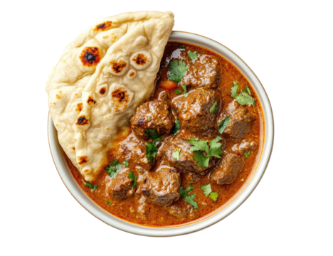 Indian beef curry with naan bread in bowl, studio shot