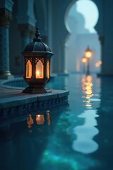 Glowing blue waters reflect the soft light of an ornate lamp in the distance, peaceful, arabian lamp, calm