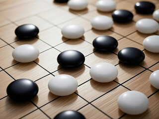 Chinese Go or Weiqi game board for brain teasing, strategy, planning, to compete for space on a black and white player's board on a wooden board.Gobang and go game board