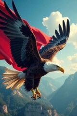 Obraz premium Eagle in mid-air with flag held tight , flag in talons, soaring eagle, patriotic birds
