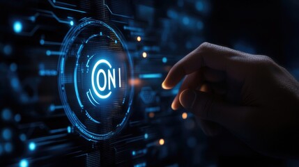 A hand interacts with a futuristic interface, activating a digital 'ON' button.  The scene is dark, with cool blue hues highlighting the technological elements.