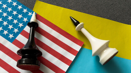 Chess pieces on the flags of the United States and Ukraine