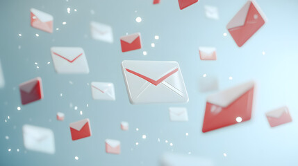 set of mail icons, an ultra-modern communication design with high-resolution floating mail icons , notification alerts, and thumbs-up reactions, shining against a pure white backdrop. 
