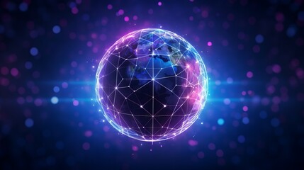 Futuristic Globe Surrounded by Neon Lines and Grid with Technological Progress Concept