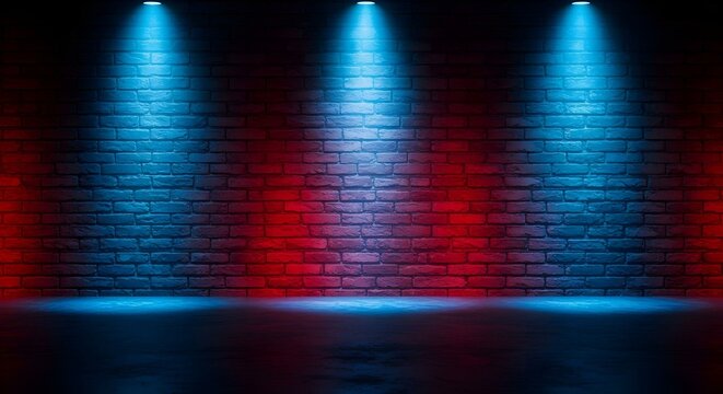A brick wall is illuminated by three blue spotlights from above, while the lower portion of the wall is bathed in red light
