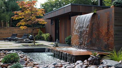 Fototapeta premium Garden with minimalist metal water feature and single ornamental tree under clean lines and natural light