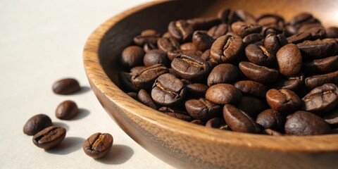 Fototapeta premium Coffee Beans in a Wooden Bowl, a Close-Up View of Roasted Coffee Beans, Ready to Be Brewed