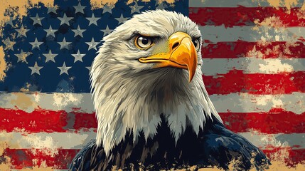 Naklejka premium Illustration of a bald eagle against the backdrop of the American flag