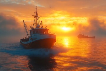 Fototapeta premium Old fishing boat sailing in the sea near the coast with a clear sky and calm waters