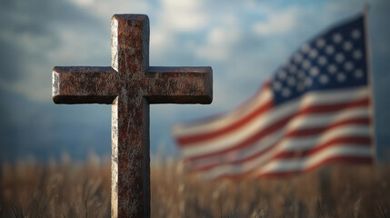 Cross of Jesus with a american flag blowing in the background, christianity's influence on american patriotism