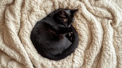 Cozy Black Cat Sleeping on Soft Beige Blanket in Unique Position