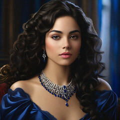Elegant Woman in Sapphire Silk Gown