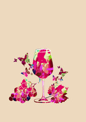 Colorful wine glass with vine background vector illustration. Party flyer, wine tasting event, wine festival, celebrations, restaurant poster design for brochure, invitation card, menu, promotion