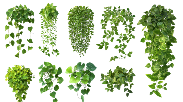 a set of green trailing plants isolated on white background