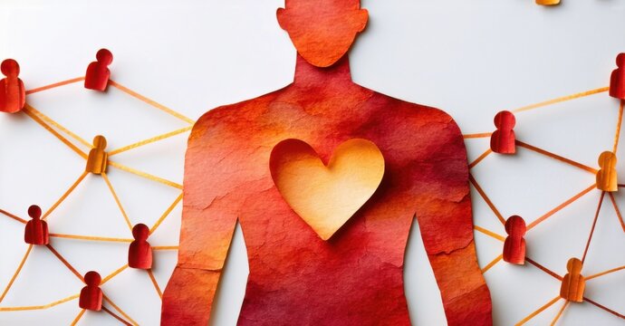 Paper cutout of person with heart symbol on their chest surrounded by interconnected lines forming network warm red and orange tones symbolizing community building and empath