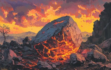 Lava rocks with deep red glowing veins, resting in a volcanic setting