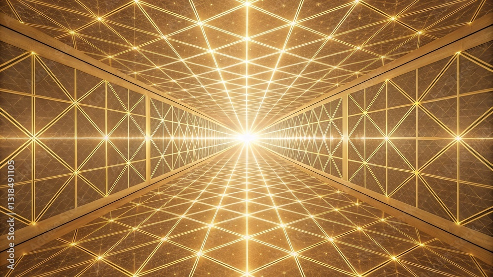 Poster A radiant golden corridor with glowing triangular patterns on the walls and floor, leading towards a distant bright light.