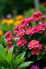 Fototapeta premium Lantana bush in a garden bed with other plants and flowers, plant, bush