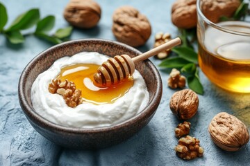 Fototapeta premium Creamy Yogurt with Honey and Walnuts in a Rustic Bowl