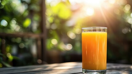 A glass of orange juice on a sunny outdoor table, radiating warmth