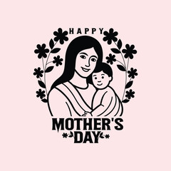 Happy Mother's Day Vector Beautiful Floral Design with Mother and Baby Illustration