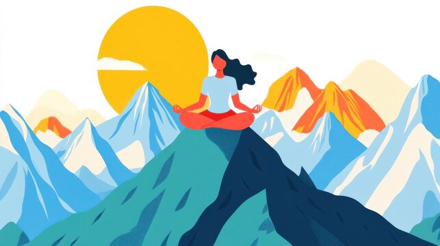 A happy woman meditating on top of a mountain, symbolizing self-actualization in Maslow Hierarchy of Needs.