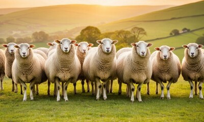Fototapeta premium A Picturesque Pastoral Scene, A Flock of Sheep Grazing at Sunset