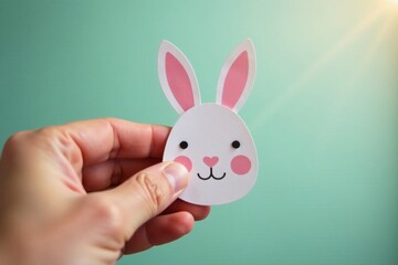 Obraz premium close-up of hand holding a paper cut rabbit egg card, springtime greeting, colorful designs, bunny egg decoration