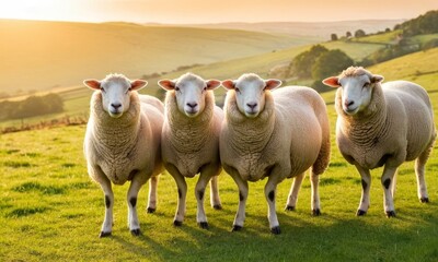 Fototapeta premium Four Sheep Grazing on a Lush Green Meadow at Golden Hour Serenity