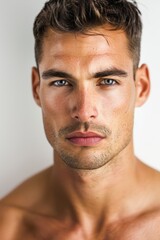 Obraz premium Handsome Man with Masculine Features and Short Hair on White Background