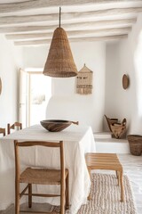 Minimalist dining room with wooden furniture, woven pendant light, and neutral decor.