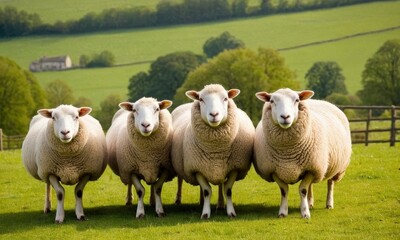 Obraz premium Charming sheep grazing on a picturesque green pasture in countryside