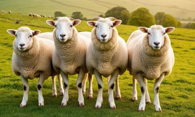 Fototapeta premium A Group of Adorable Sheep Standing in a Field, Grazing on Green Grass