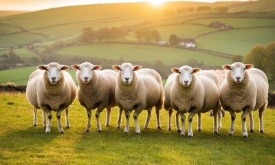 Fototapeta premium A delightful group of fluffy sheep grazing on a vibrant green meadow
