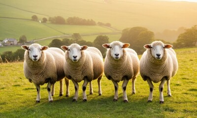 Obraz premium A Pastoral Scene, Four Sheep Grazing in a Lush Green Meadow on Sunny Day