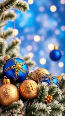 Decorative blue and gold ornaments on a bright winter wonderland background, decorations, elegant
