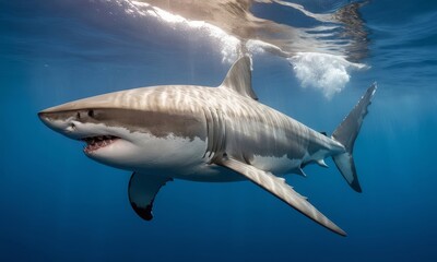 Fototapeta premium A magnificent great white shark gliding gracefully underwater in the ocean