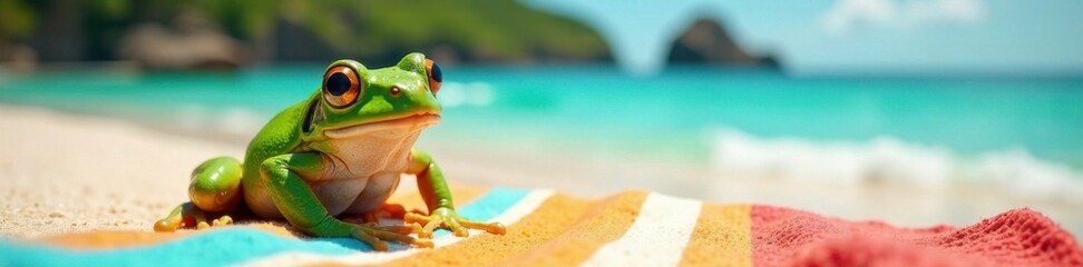 Obraz premium Frog sitting on a beach towel, nature, vacation, summer