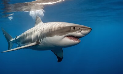 Magnificent great white shark underwater in clear blue ocean water