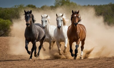 Obraz premium Magnificent horses galloping through a dusty field in a display of power
