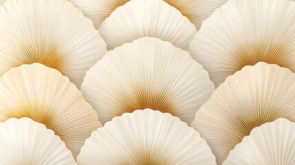 Stylized repeating fan patterns, detailed with delicate gold and ivory ornamentation, layered with soft pastel gradients, elegant and luxurious, minimalist yet intricate design, hd quality. --ar 16:9